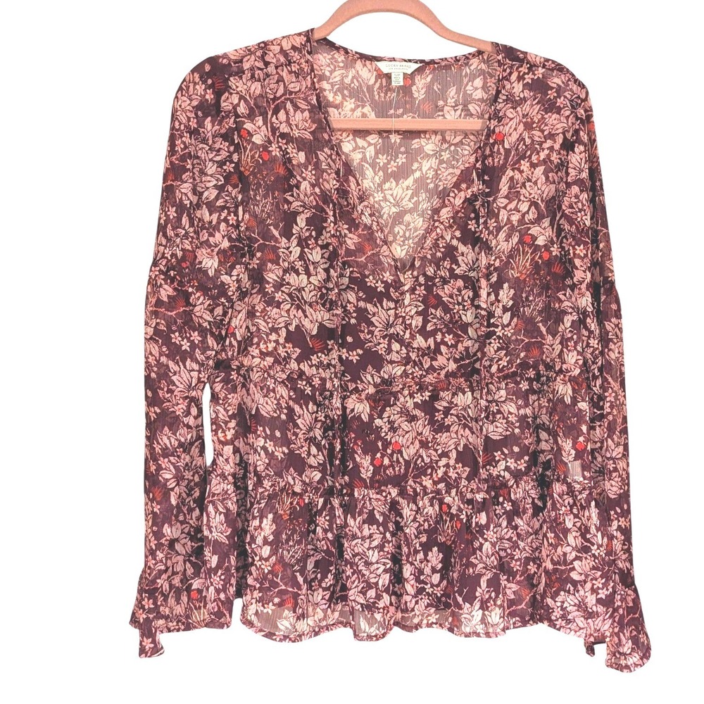 Lucky Brand Burgundy Floral V Neck Fall Tiered Peplum Bell Sleeve Blouse Top S P